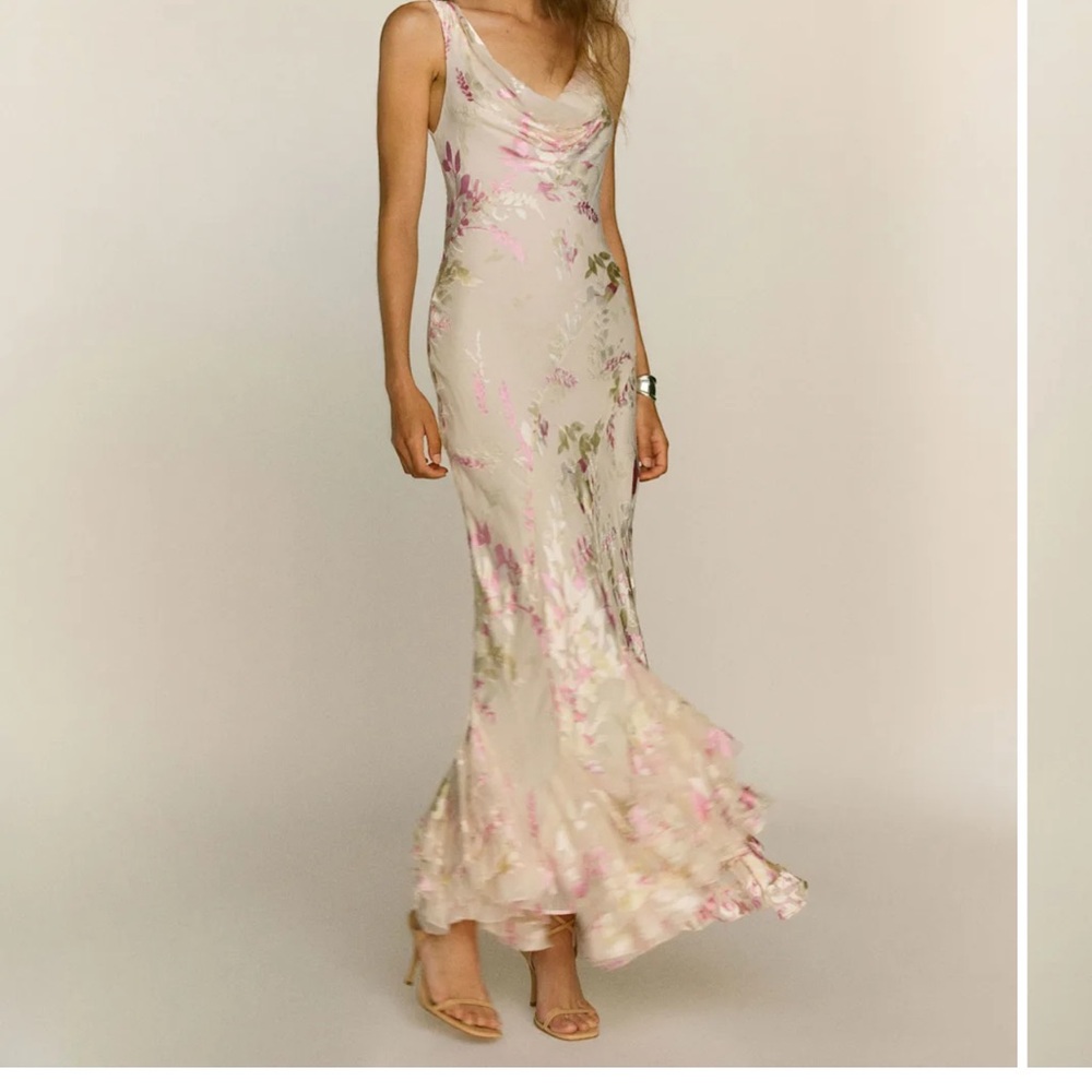 Reformation Cream and Pink Floral Cowl Neck Maxi Dress